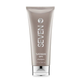 SEVEN SATARA OPTI Shampoo bottle highlights growth-friendly formula for fuller-looking hair.