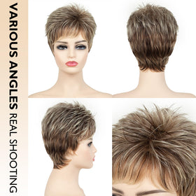 SEVENCOLORS layered blonde pixie wig with bangs close-up texture and shine