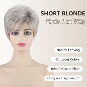 SEVENCOLORS pixie cut wig with dark roots, versatile for parties or work.