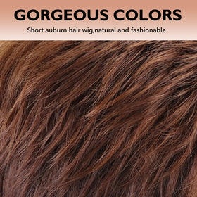 SEVENCOLORS short auburn pixie bangs-detail demonstrates adjustable fringe.
