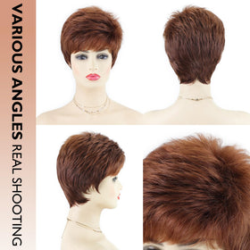 SEVENCOLORS short auburn pixie side view shows versatile styling possibilities.