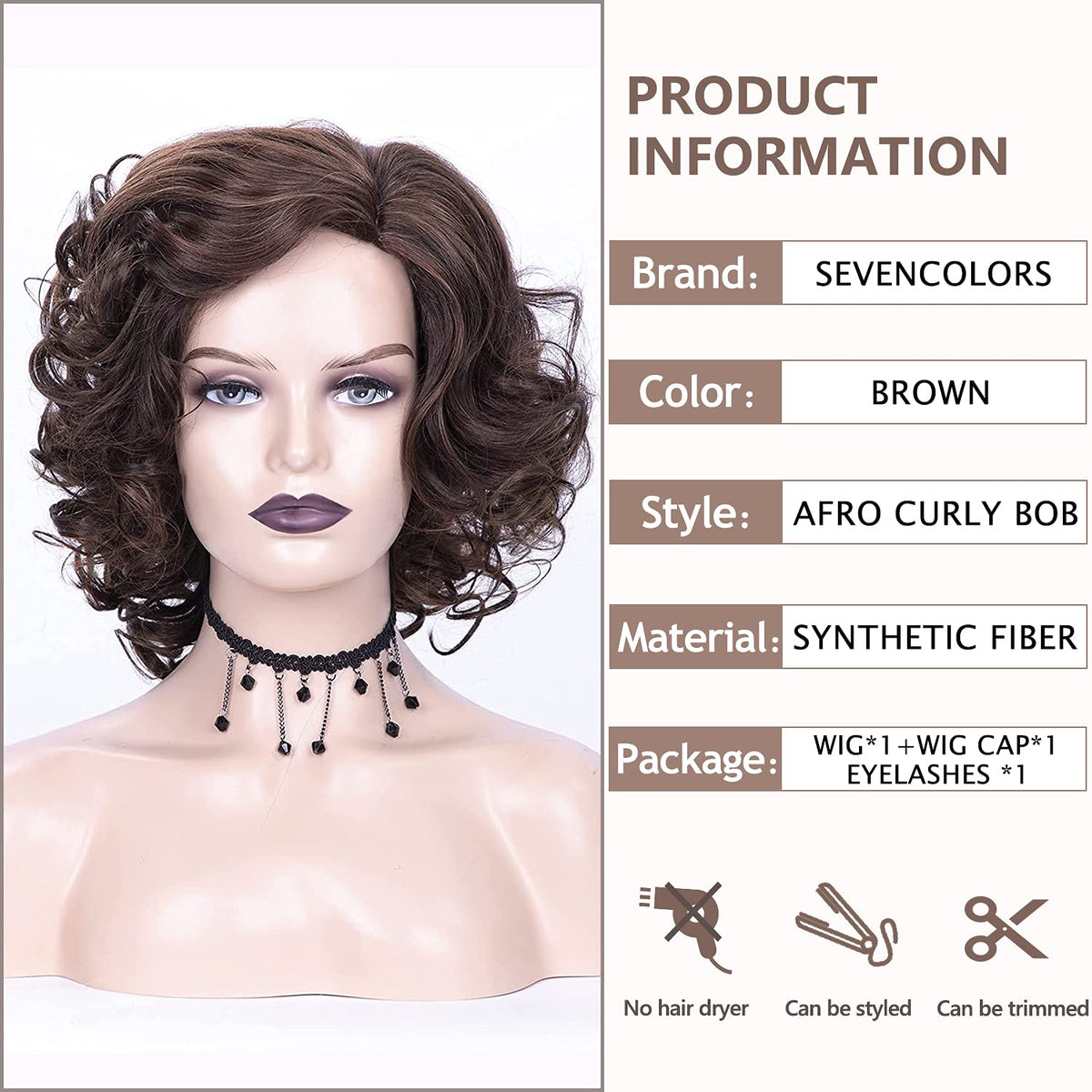 SEVENCOLORS short brown curly wig, side view, soft heat-resistant fibers.