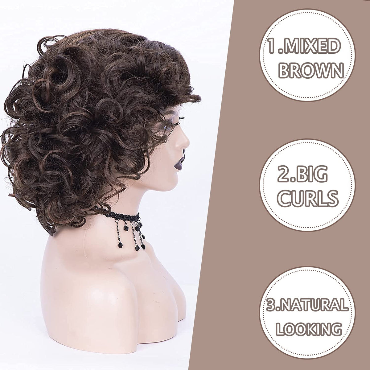 SEVENCOLORS short brown curly wig, back view, natural-looking texture.