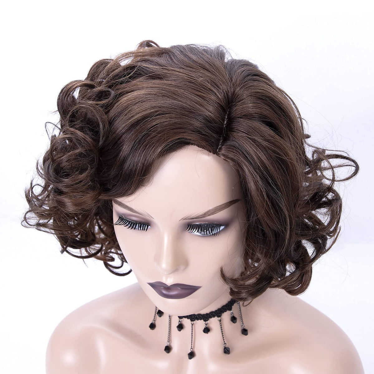 SEVENCOLORS short brown curly wig, overall look for daily outfits.