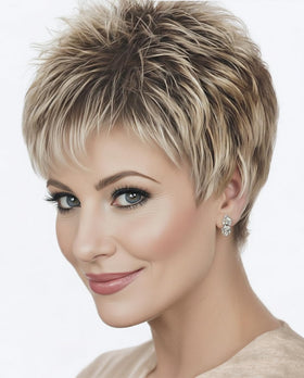 SEVENCOLORS short pixie cut wig with brown roots front view for natural daily wear