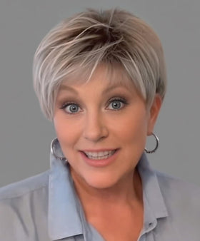 SEVENCOLORS short white blonde pixie wig with layers for a quick, fresh look.