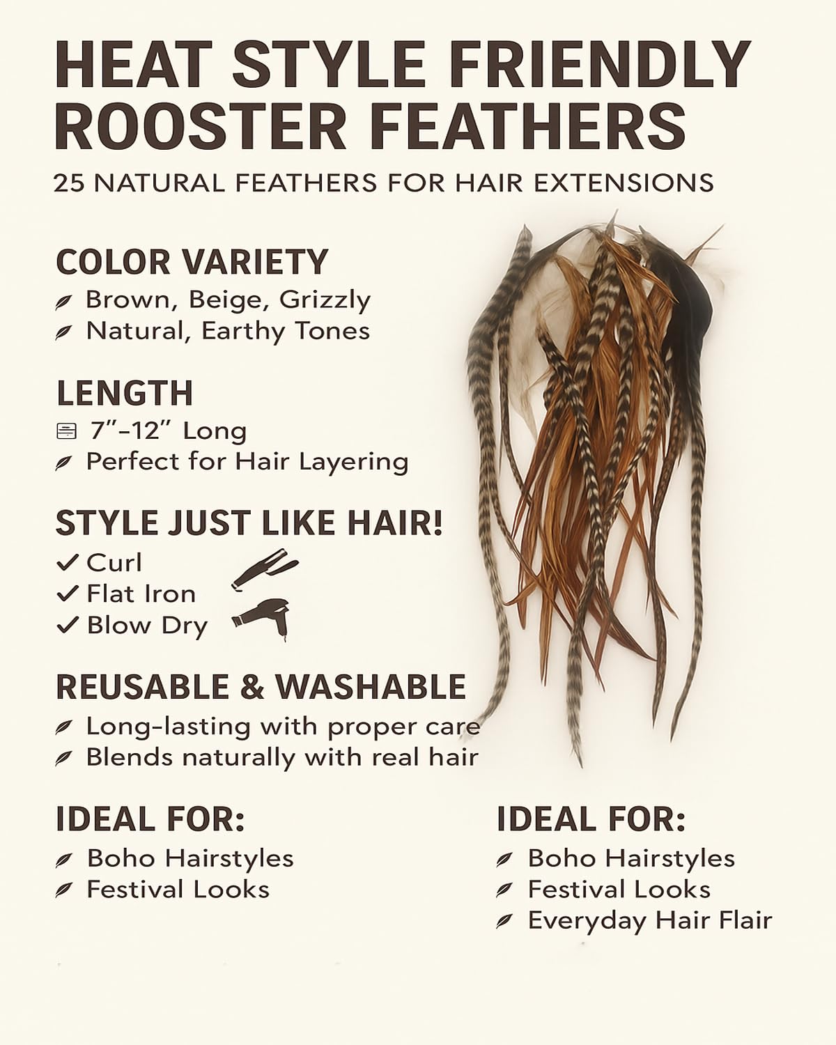 Sexy Sparkles grizzly feathers create bold, textured accents for creative hairstyles