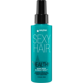 SexyHair Healthy Shine Show Blowout Spray bottle demonstrates a lightweight finish for a smooth blowout.