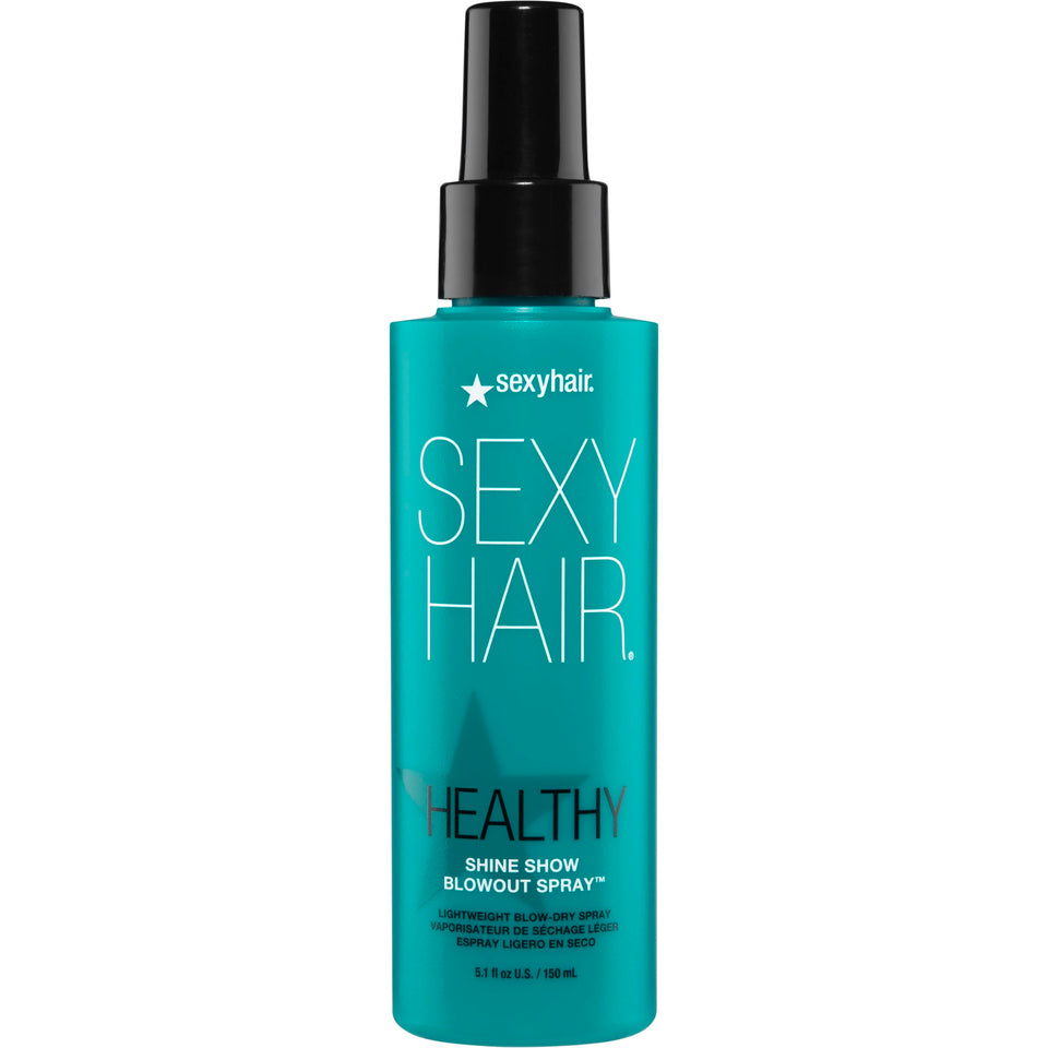 SexyHair Healthy Shine Show Blowout Spray bottle demonstrates a lightweight finish for a smooth blowout.
