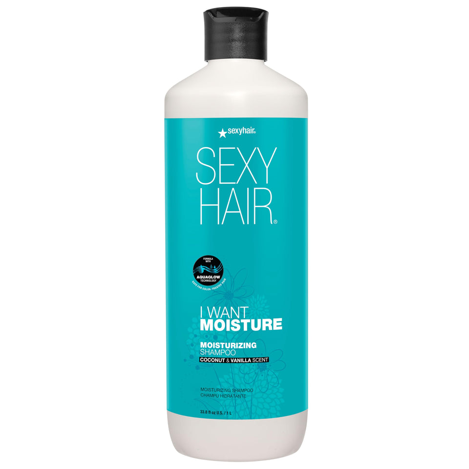 SexyHair I WANT MOISTURE shampoo bottle front highlights frizz control for all hair types