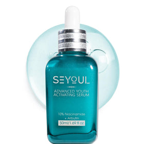 SEYOUL Advanced Serum bottle close-up showing fragrance-free formula for sensitive skin