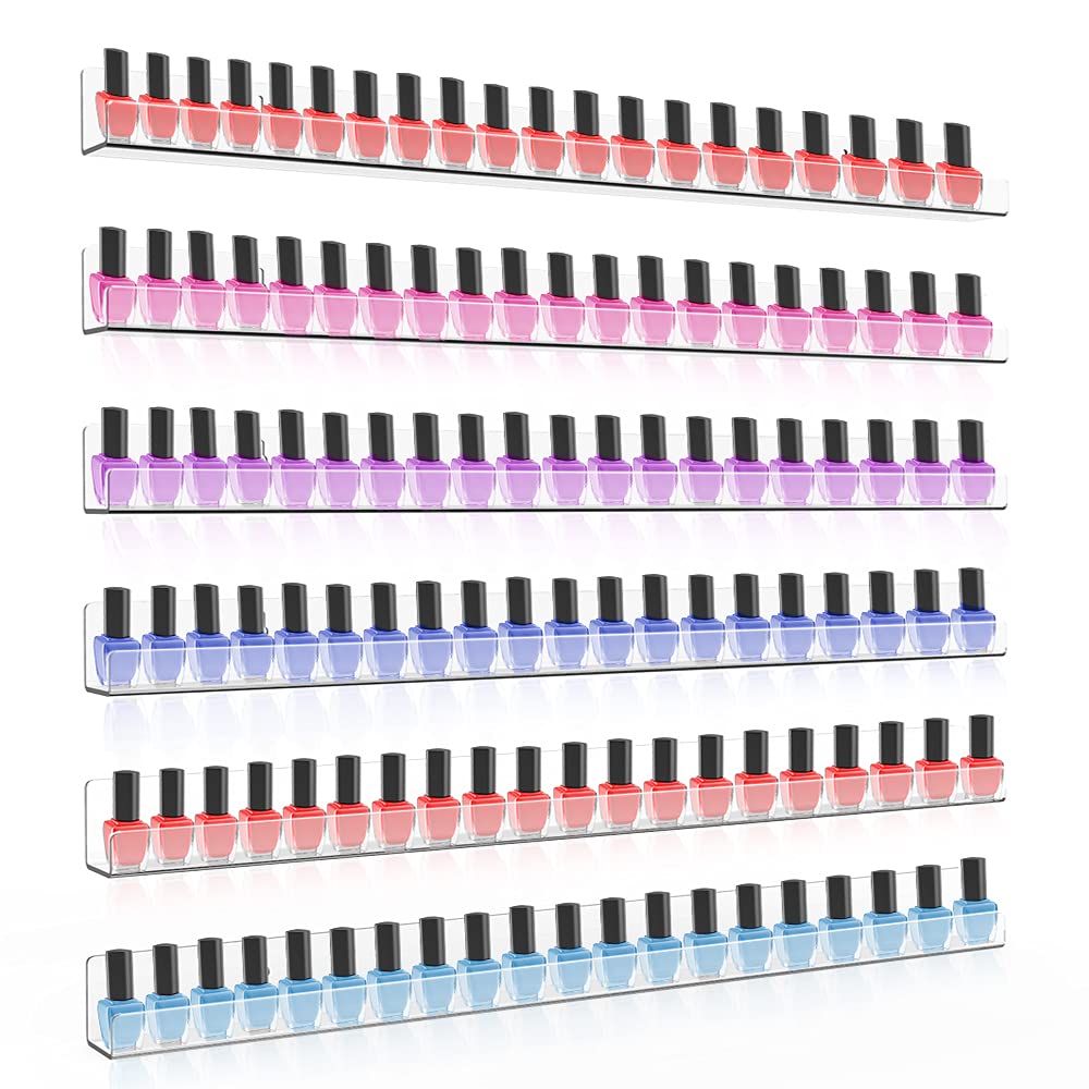 Sezanrpt 24-inch acrylic rack on wall for clear bottle visibility and easy color selection.