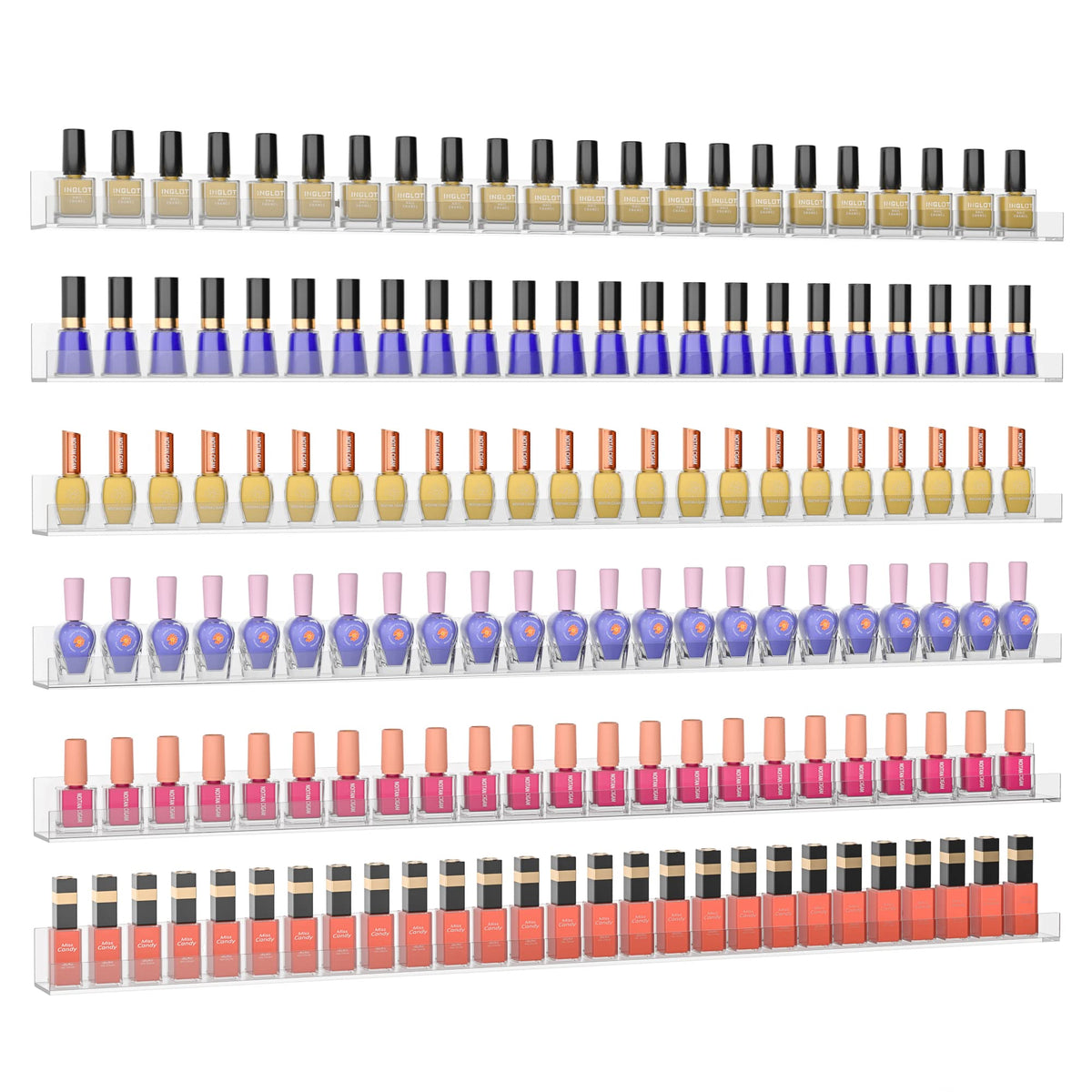 Sezanrpt 32-inch acrylic nail polish rack on wall for space-saving display.