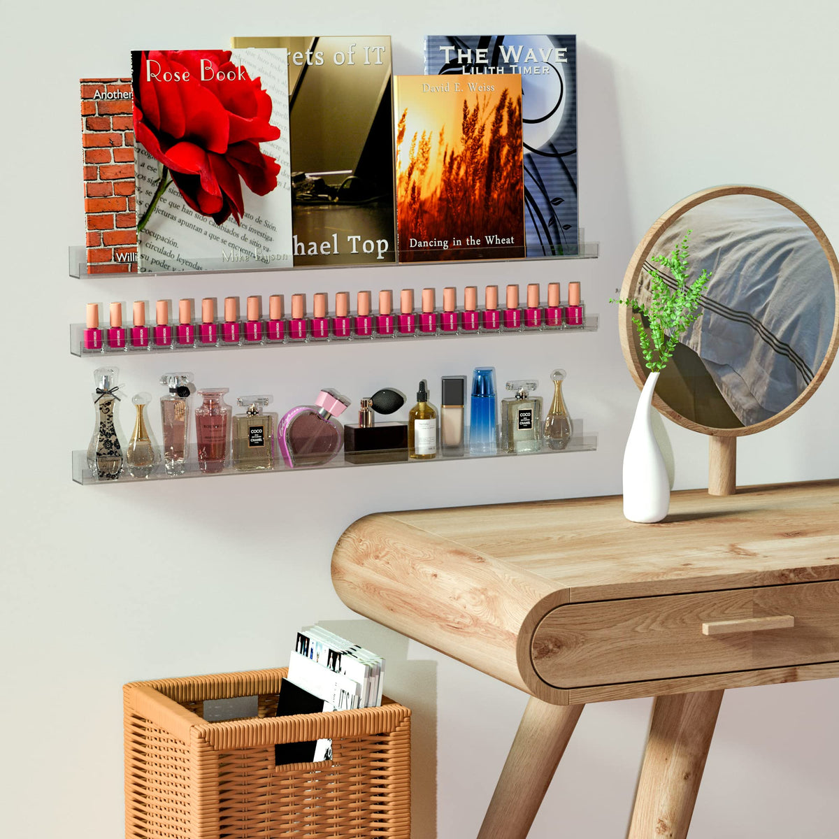 Sezanrpt clear acrylic nail polish shelf with diamond edge enhances bottle visibility.