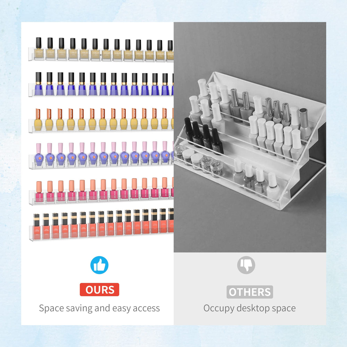 Sezanrpt transparent acrylic display for up to 24 bottles per shelf.