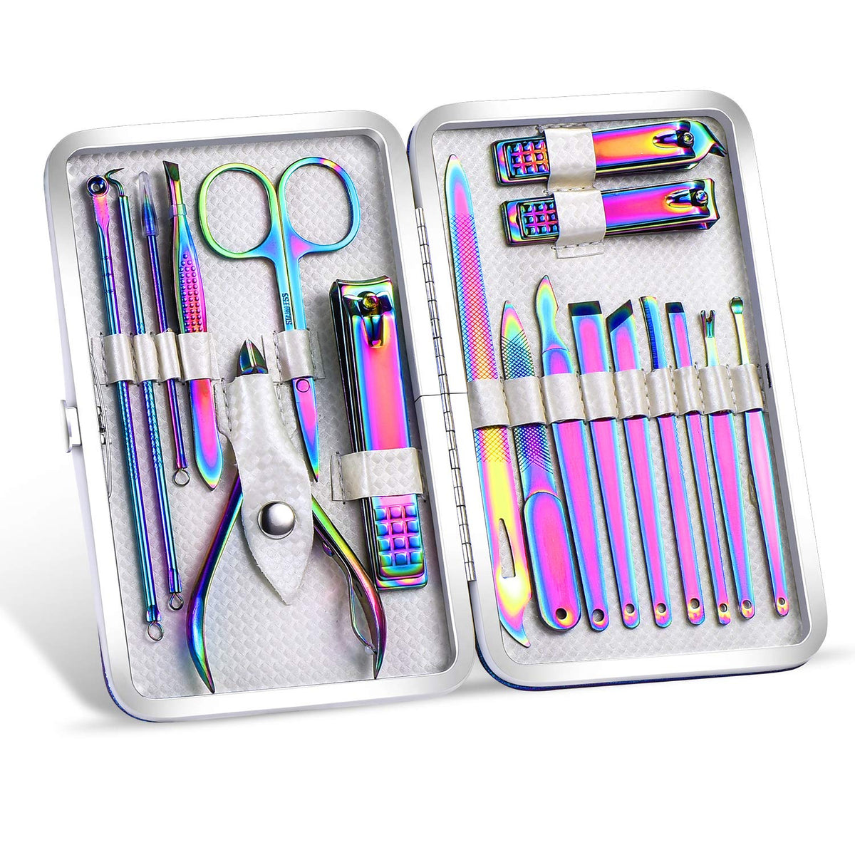 SFYDOM Rainbow Manicure Kit case with vibrant rainbow design and portable storage.