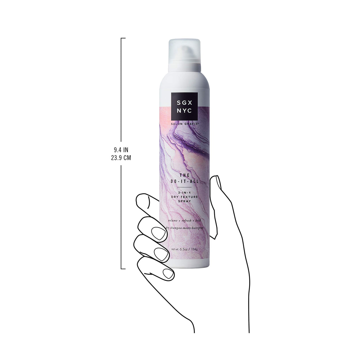 SGX NYC 3-in-1 Texture Spray demonstrates volumizing lift for flexible styling.