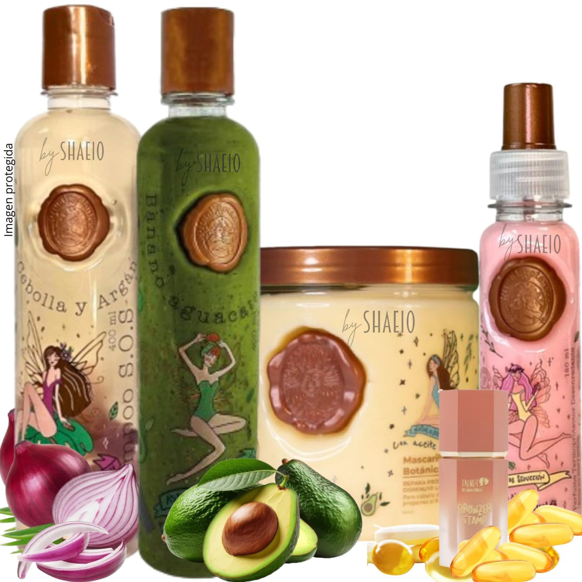 SHAEIO Onion Shampoo SOS bottle showing hair growth support and hydration.