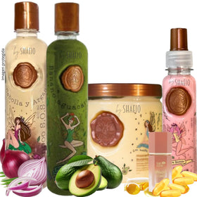SHAEIO Onion Shampoo SOS bottle showing hair growth support and hydration.