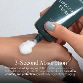 Liposome Repair Milky Cream texture closeup highlights quick absorption and non-greasy feel