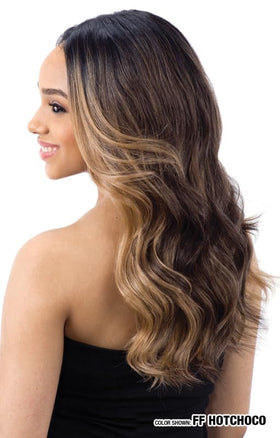 Valentino wig demonstrates curling iron safe design up to 400°F for versatile styling.