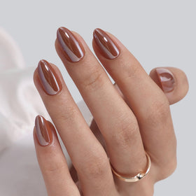 ShangMeng Brown press-on nails Molten Mocha chrome finish for quick salon-like mani