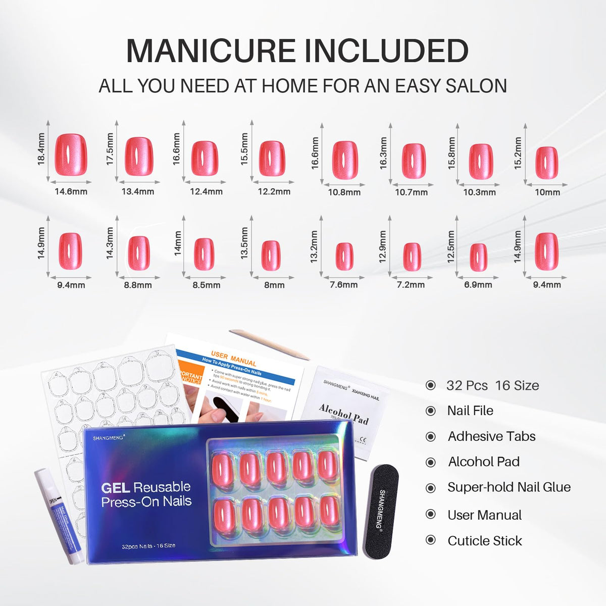 ShangMeng included glue, tabs, file, orange stick and pads for full manicure