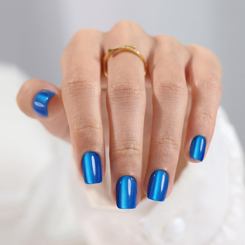 ShangMeng Klein Blue Cat Eye nails in square pack for at-home manicures.