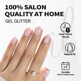 Close-up of ShangMeng pink nails with shimmering square tips