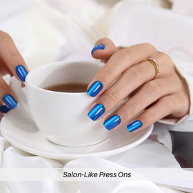 ShangMeng soft gel press-on nails in Klein blue for salon-like results.