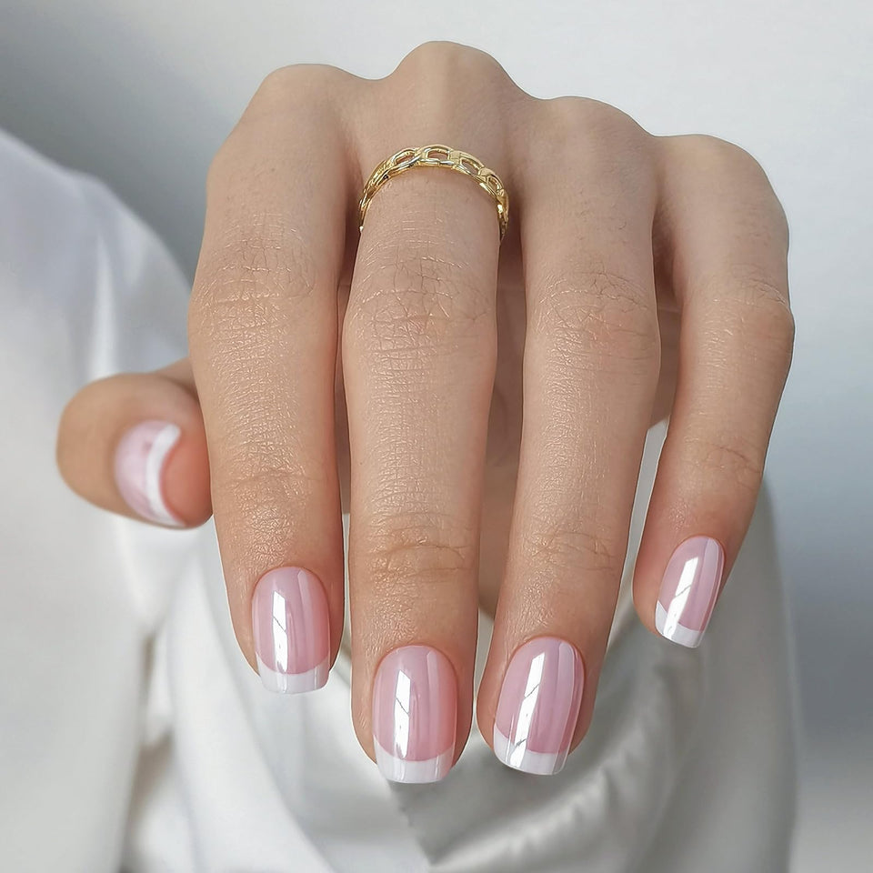 SHANGMENG white chrome French tip nails closeup for at-home salon-quality look