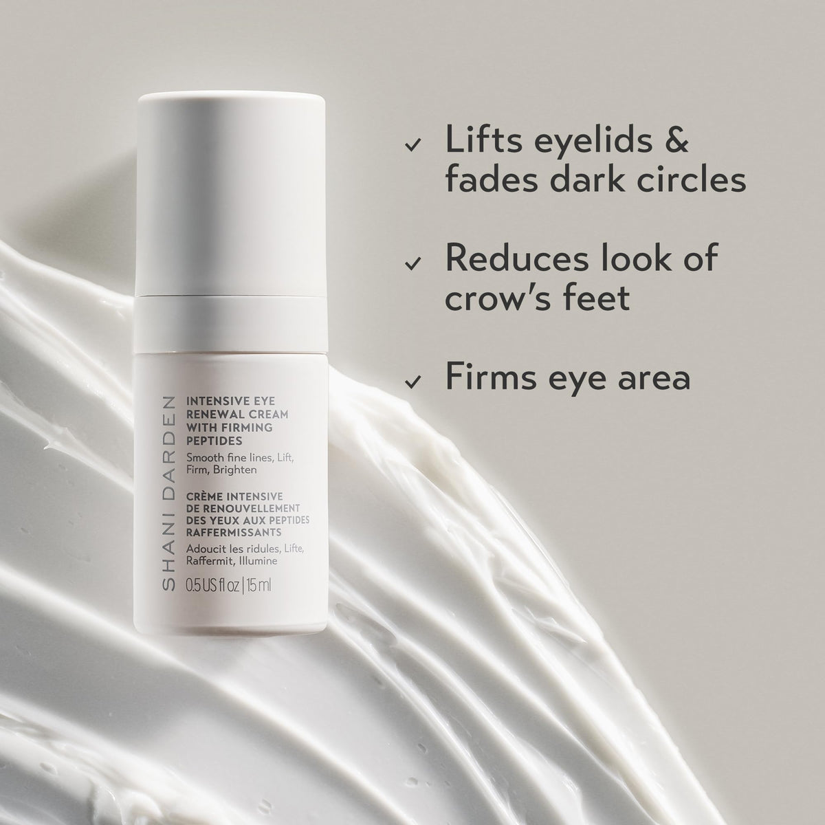 Shani Darden Intensive Eye Renewal Cream packaging box highlighting premium skincare and crease-free finish.