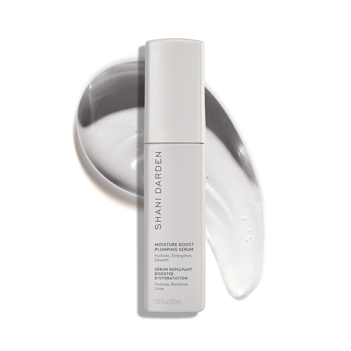 SHANI DARDEN Moisture Boost Serum bottle close-up highlighting silky hydration for daily use