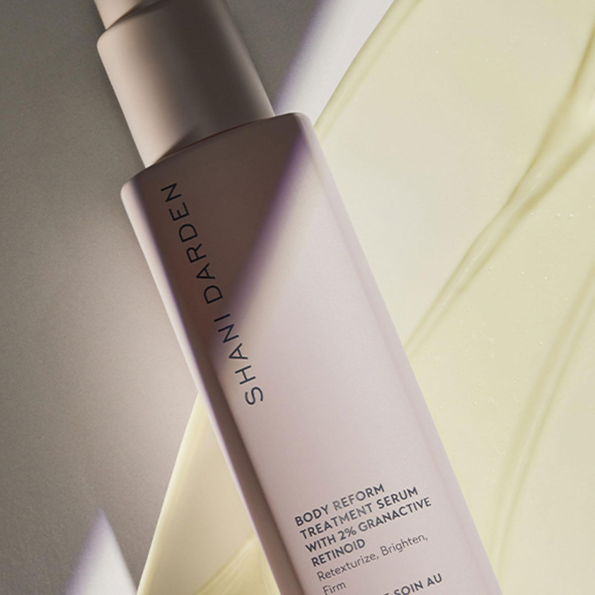 SHANI DARDEN Body Reform Serum ingredients graphic highlights Granactive Retinoid and vitamin C.