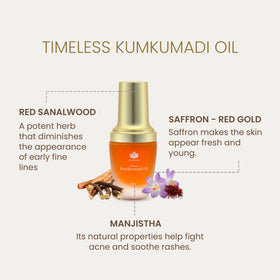 Shankara Kumkumadi Oil flowers blend emphasizes saffron and lotus nourishing skin.