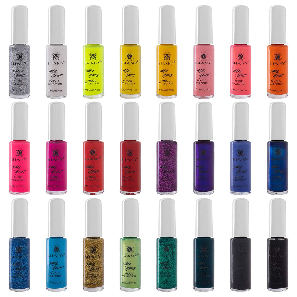 SHANY Nail Art Set 24-color palette with pearl shades for chic nail accents.