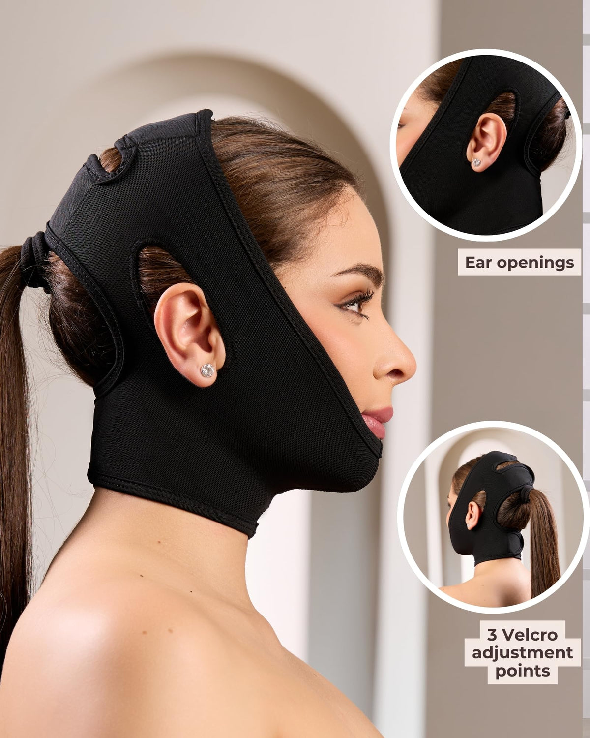 Shape Concept 301 chin bandage provides controlled pressure for jawline contour.