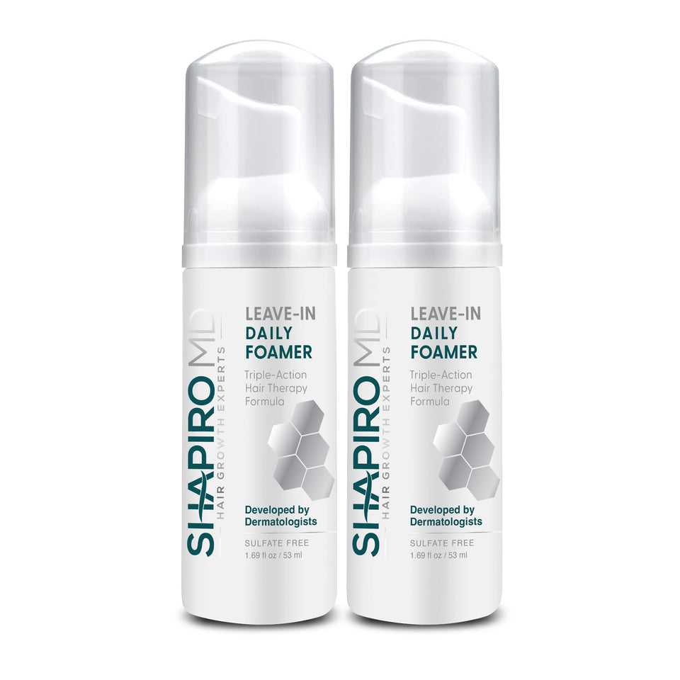 Shapiro MD Leave-In Foam bottle front showing daily DHT defense for thinning hair