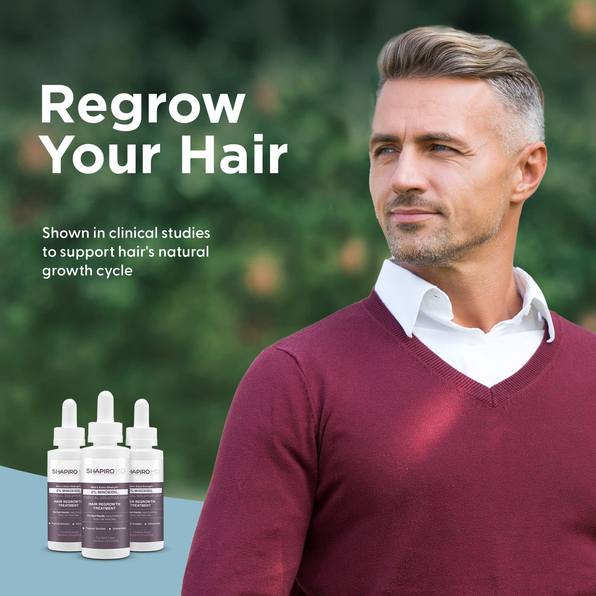 Shapiro MD Minoxidil serum application demonstrates controlled topical use.