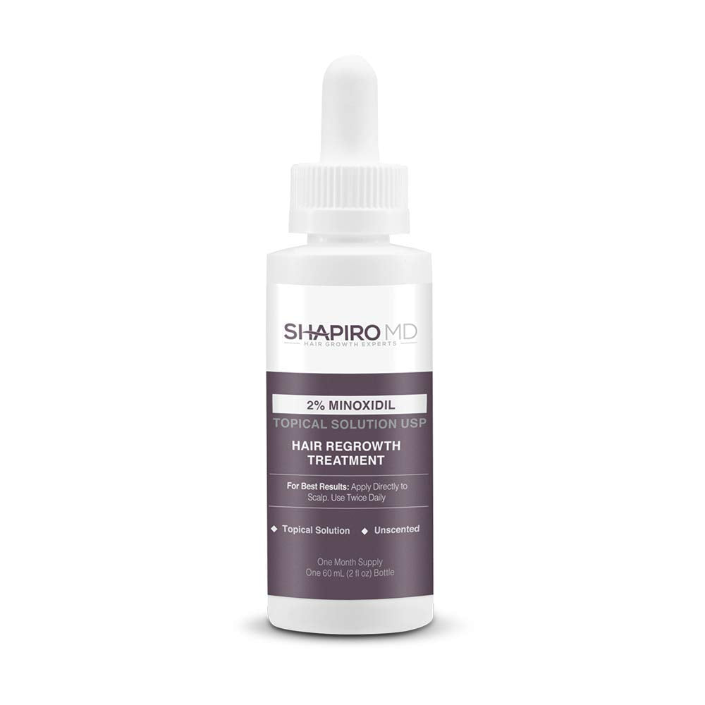 Shapiro MD Minoxidil bottle front view, signaling trusted support for women managing thinning hair