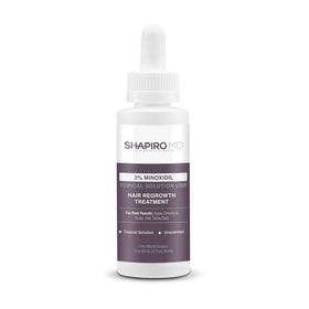 Shapiro MD Minoxidil bottle front view, signaling trusted support for women managing thinning hair