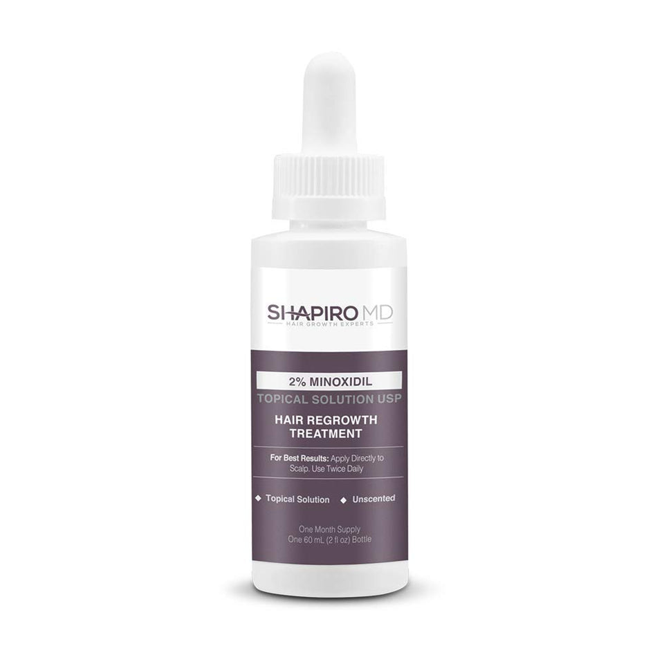 Shapiro MD Minoxidil bottle front view, signaling trusted support for women managing thinning hair
