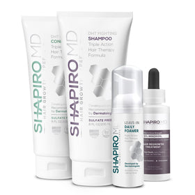 Shapiro MD Regrowth Kit shampoo bottle shows scalp-friendly formula for daily use