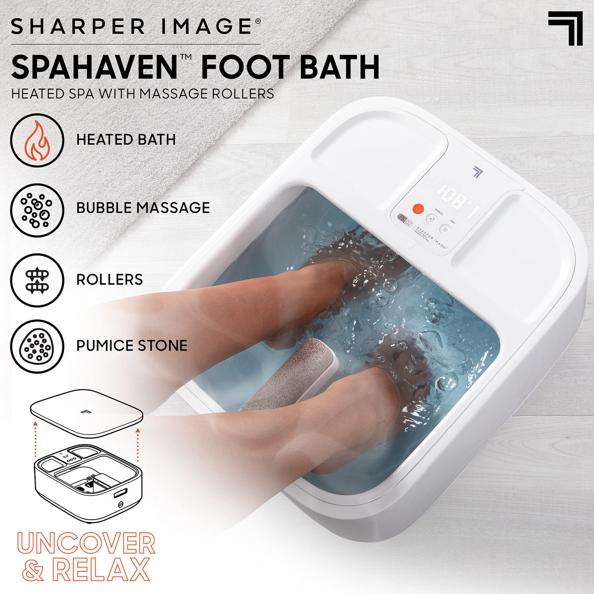 Sharper Image Spahaven foot bath set to 105°F delivers comforting warmth