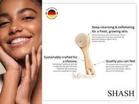 SHASH beech-wood-handle exfoliating-face-brush gently exfoliates for a brighter complexion.