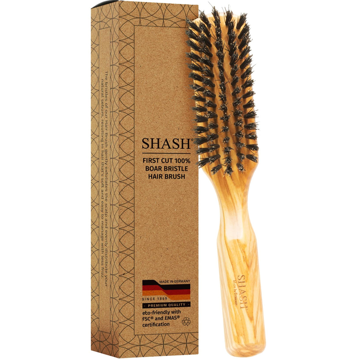 SHASH boar bristle brush close-up reveals gentle detangling action.