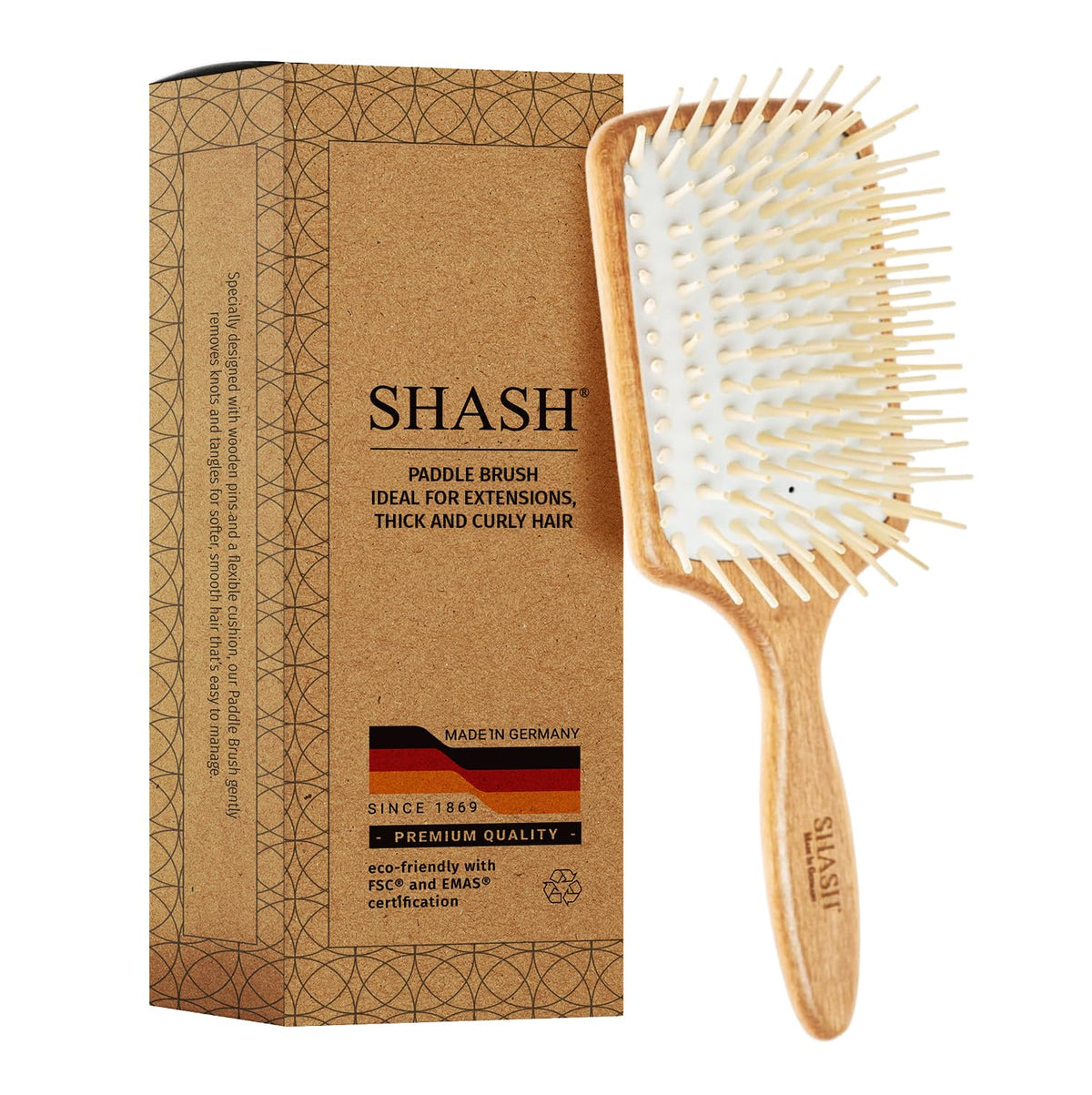 SHASH Large Paddle Brush with long pins eases detangling for thick hair.