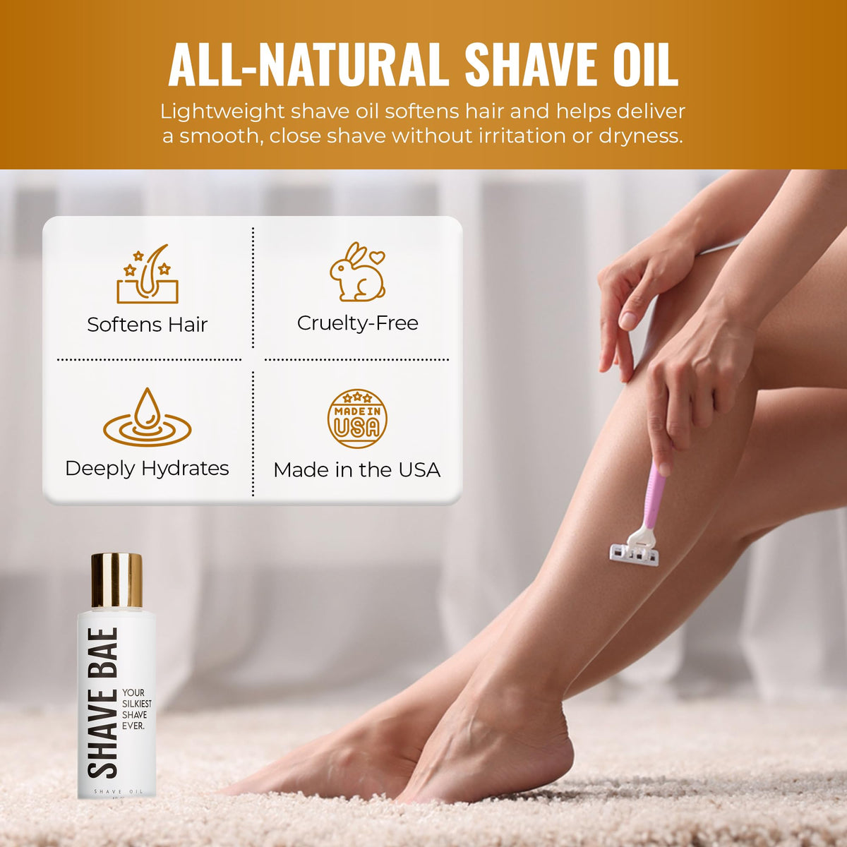 Shave Bae applying oil provides a silky glide for a comfortable shave.