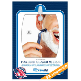 The Shave Well magnifying anti-fog hanging mirror with 5x magnification for precise shaving.