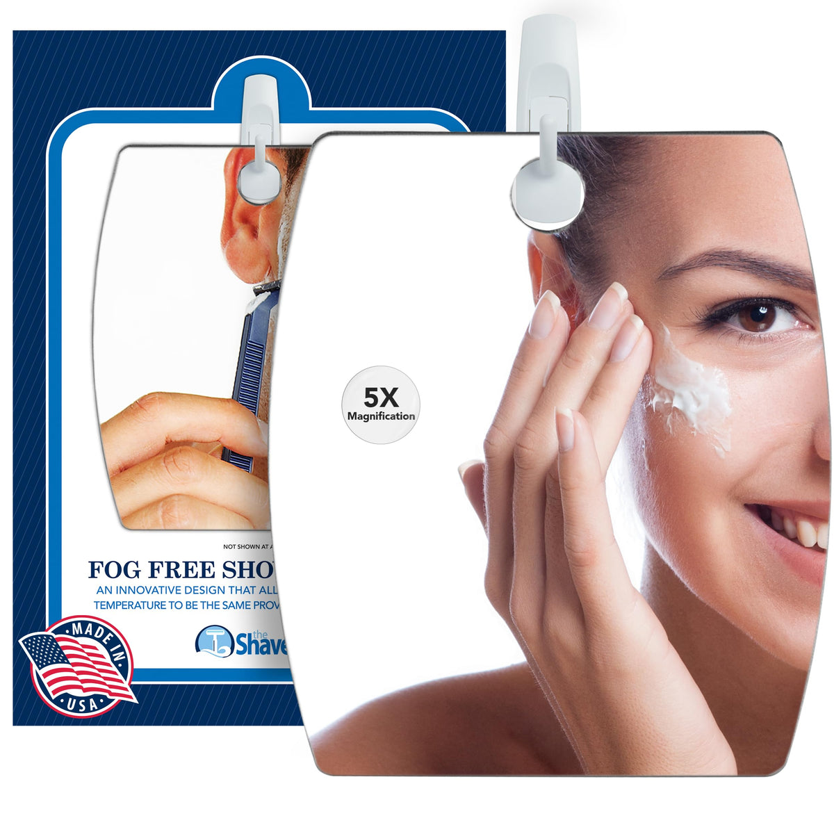 The Shave Well wall-mount mirror with adhesive hook for secure installation.